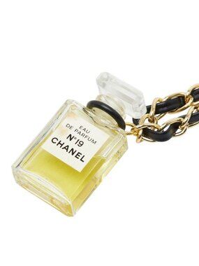 Chanel Perfume Bottle Motif Necklace Clear Gold Black Glass Plated Leather